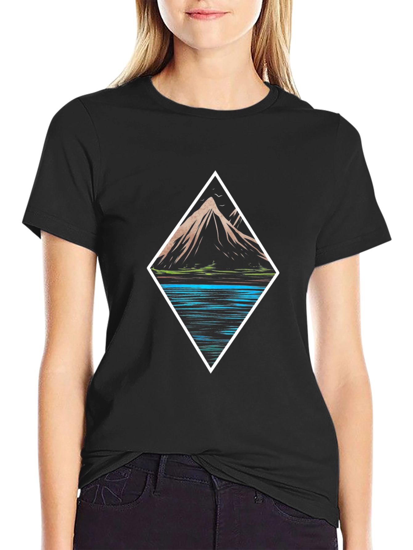 Mountain & Lake Graphic Tee - Black Cotton T-Shirt
