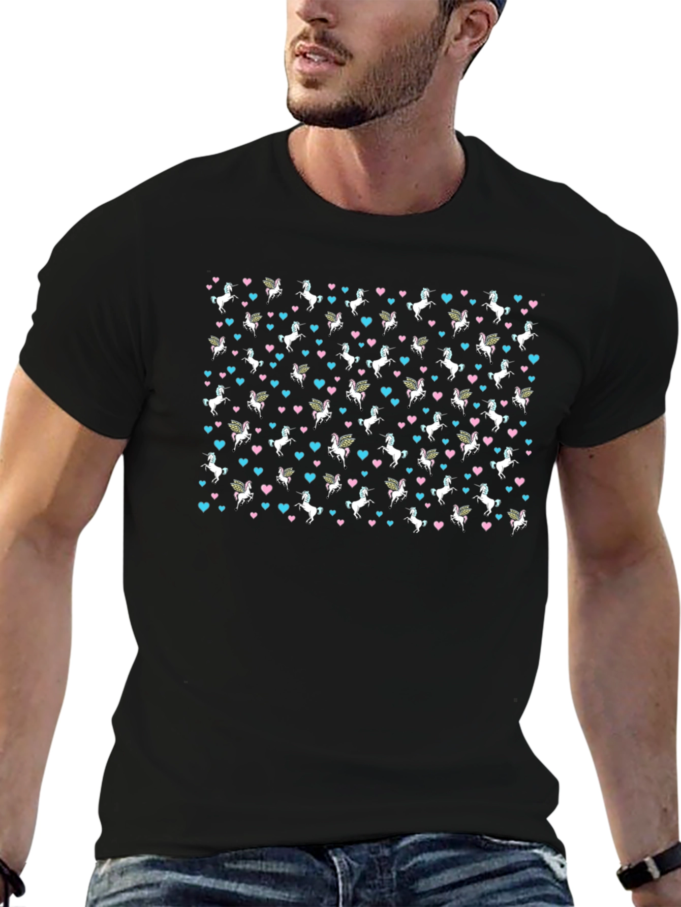 Unicorn & Heart Print Black T-Shirt