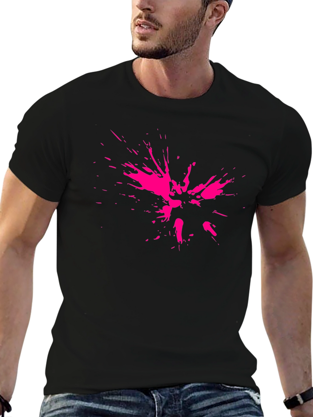 Abstract Pink Splatter Print Black T-Shirt