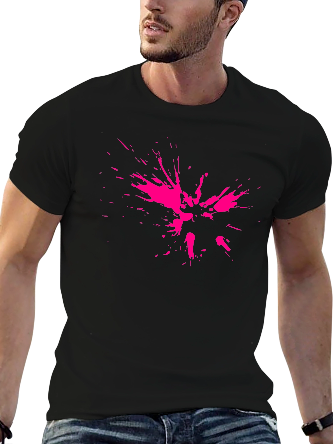 Abstract Pink Splatter Print Black T-Shirt