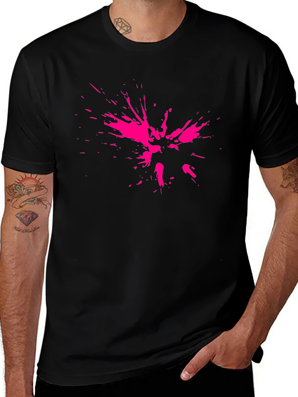 Abstract Pink Splatter Print Black T-Shirt