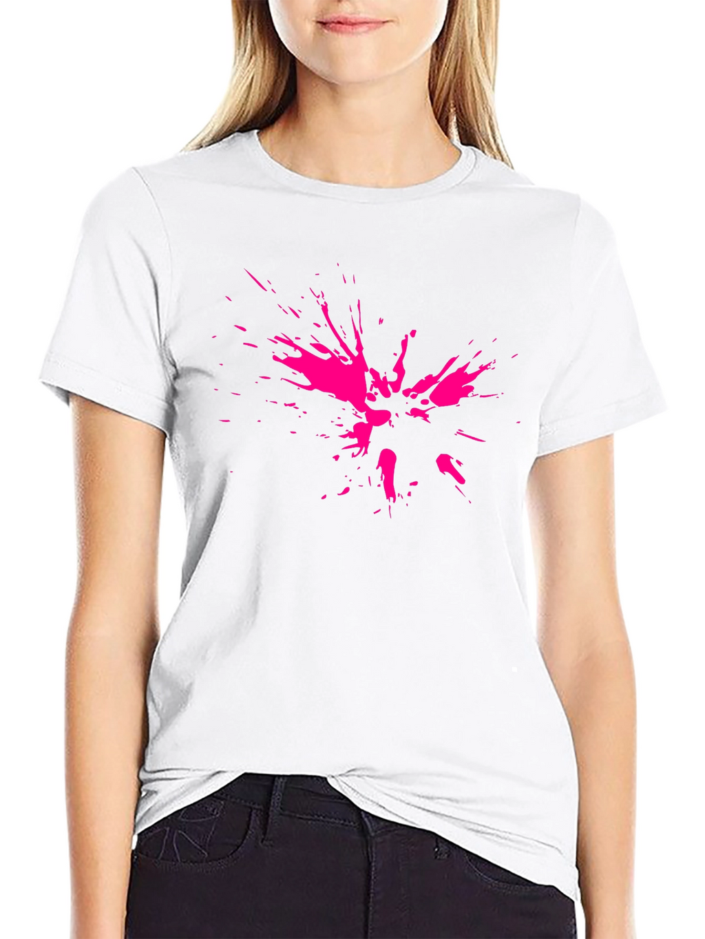 Abstract Pink Splatter Print Black T-Shirt