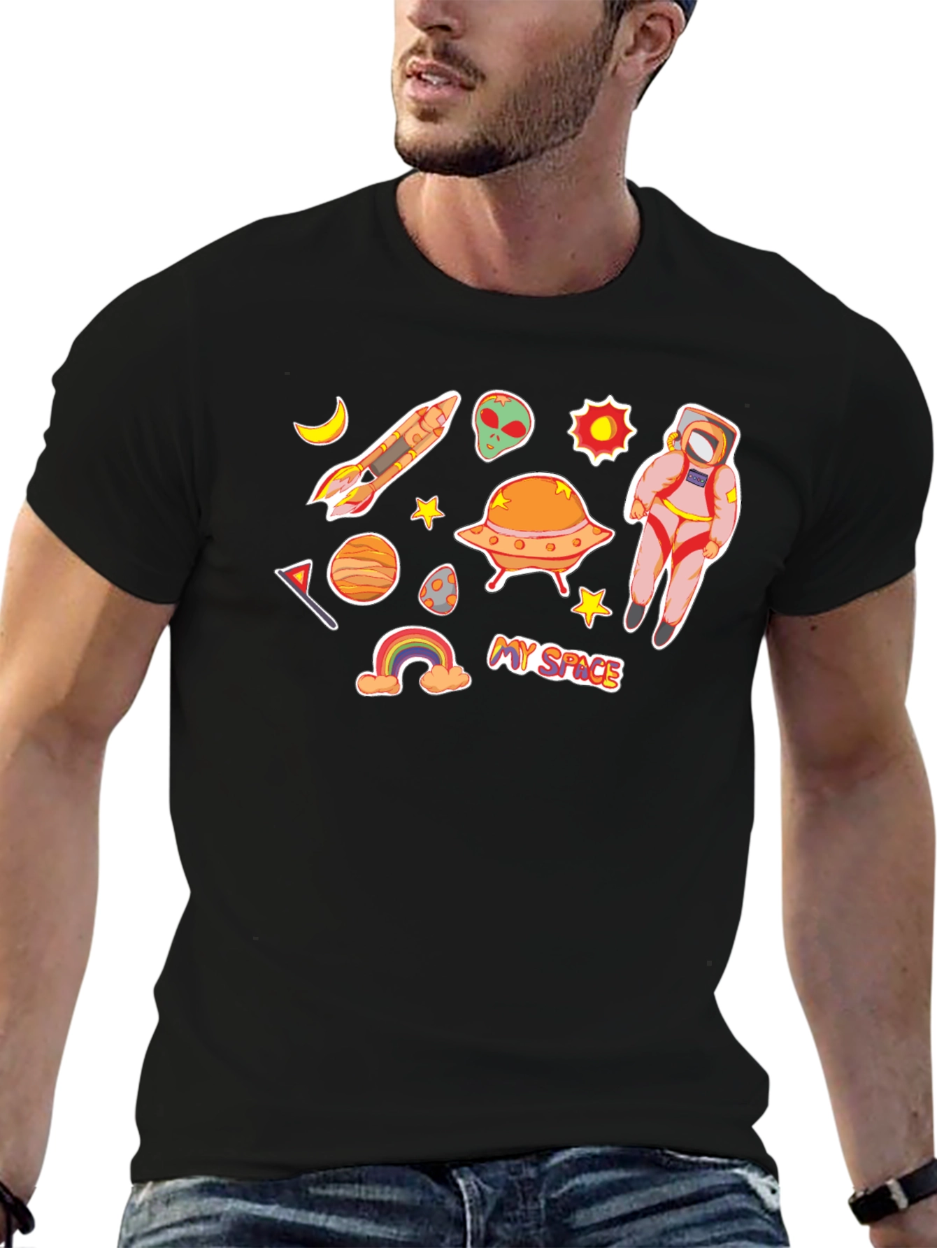 My Space Black T-Shirt Astronaut Alien UFO