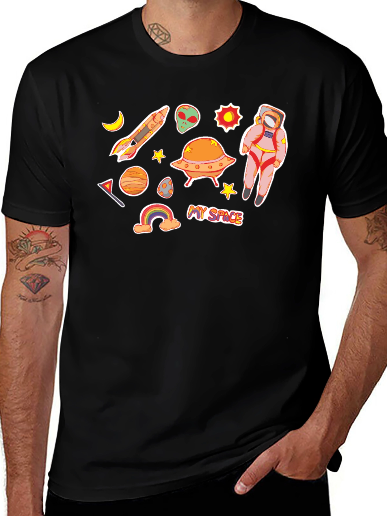 My Space Black T-Shirt Astronaut Alien UFO