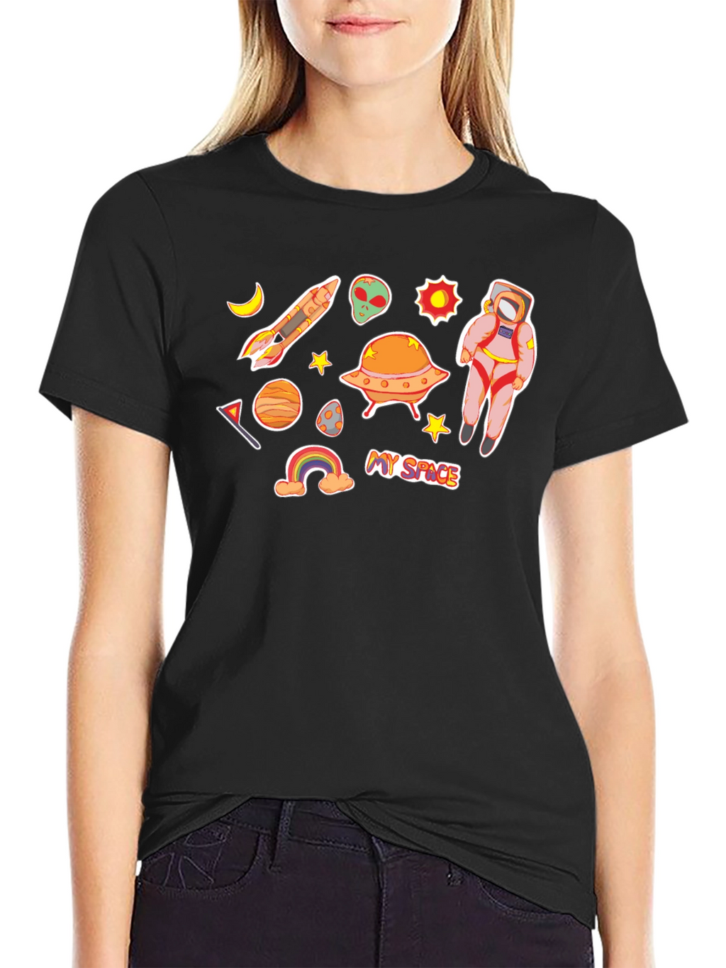 My Space Black T-Shirt Astronaut Alien UFO