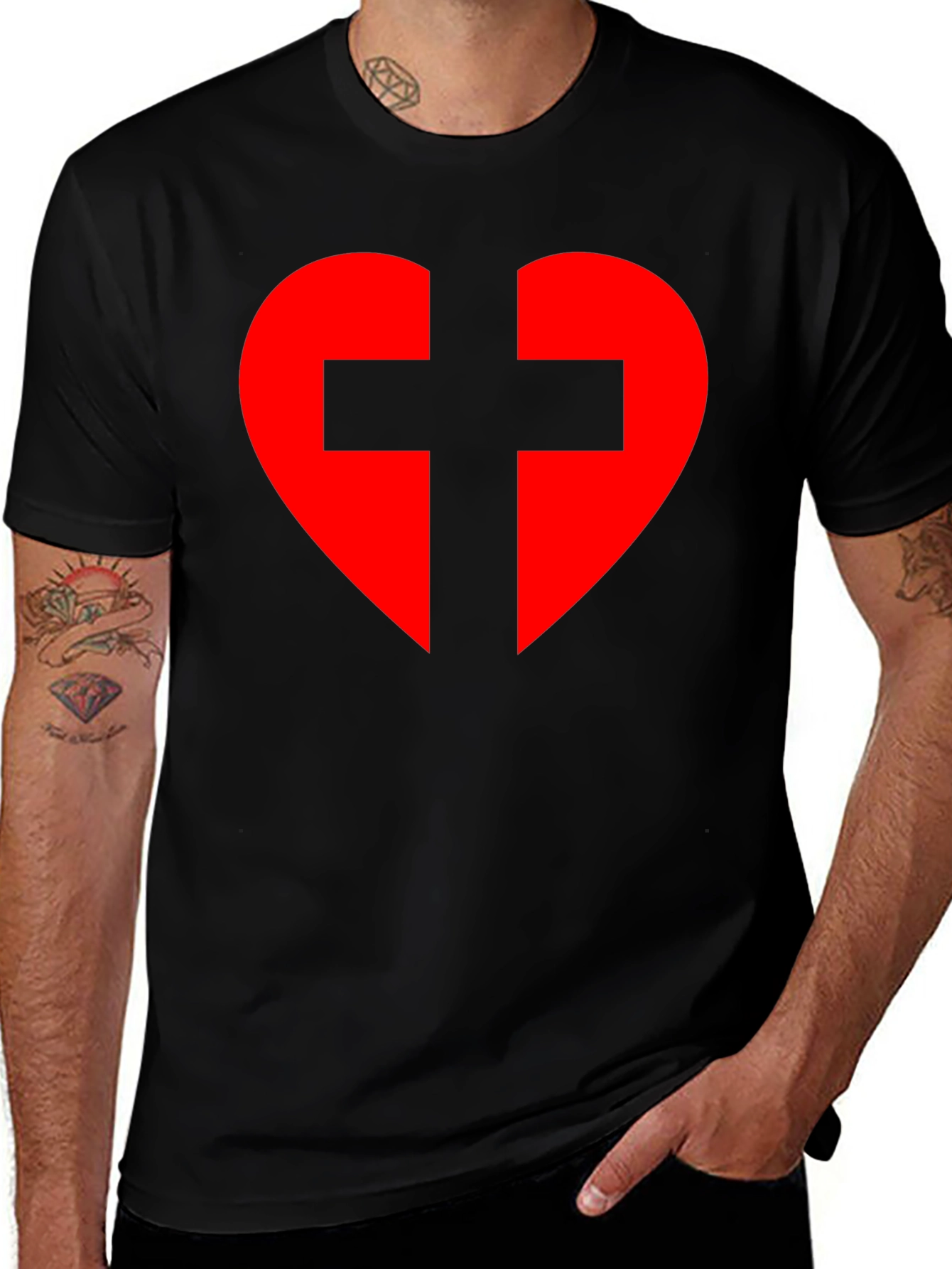 Heart Cross Graphic Tee - Black Cotton Blend T-Shirt