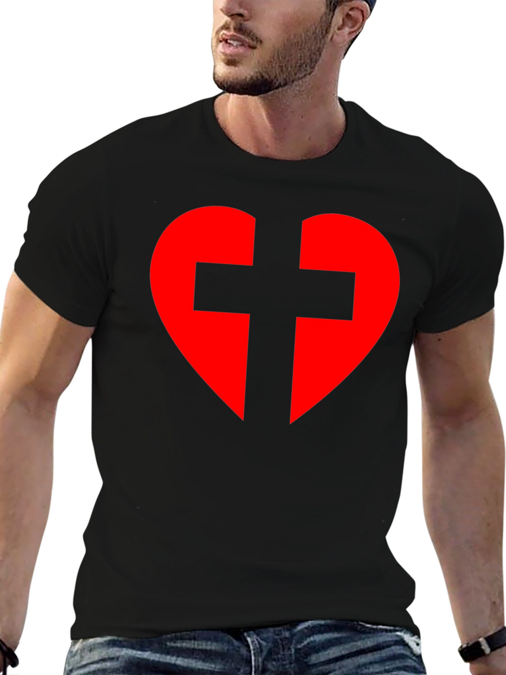 Heart Cross Graphic Tee - Black Cotton Blend T-Shirt