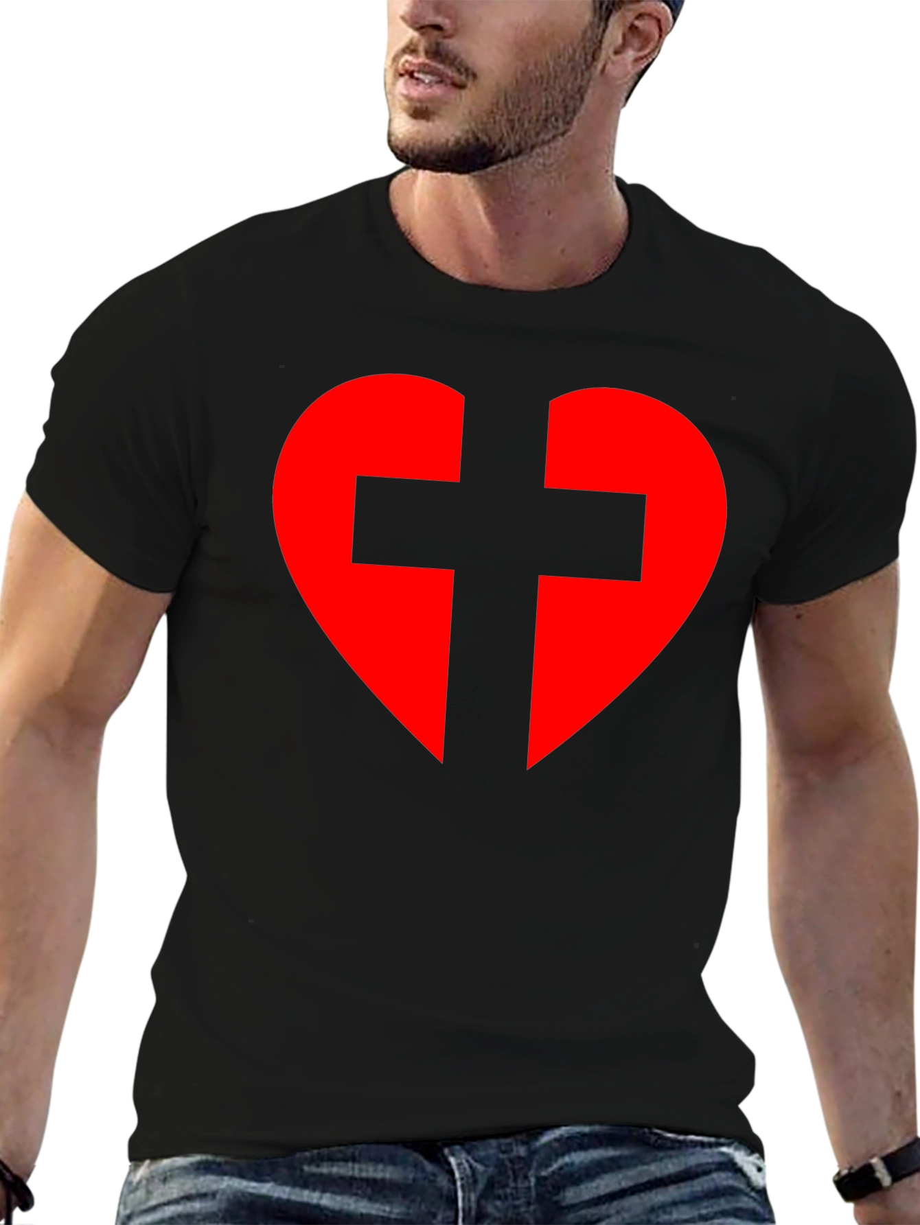 Heart Cross Graphic Tee - Black Cotton Blend T-Shirt