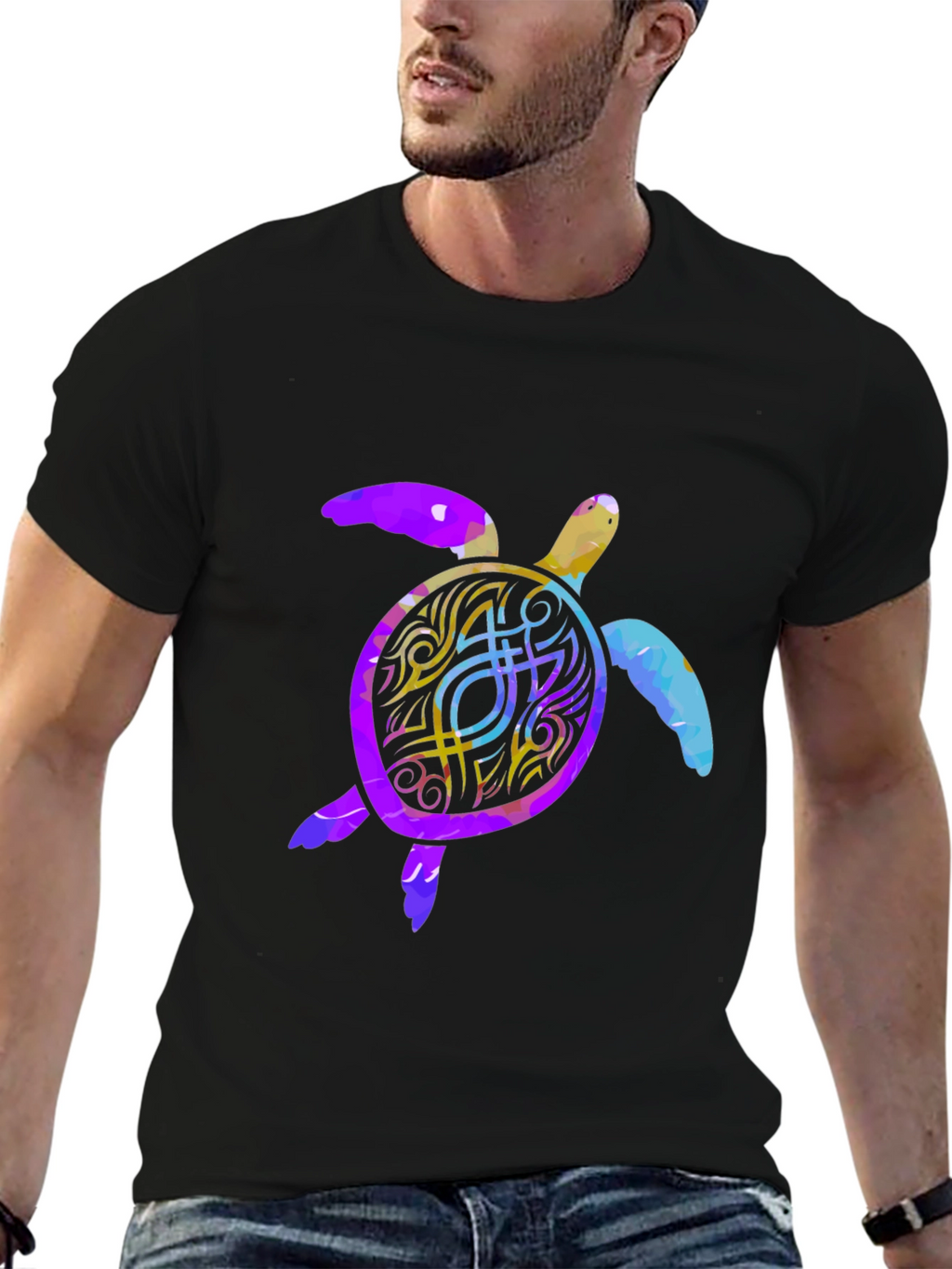 Turtle Graphic Print Mens Black T-Shirt