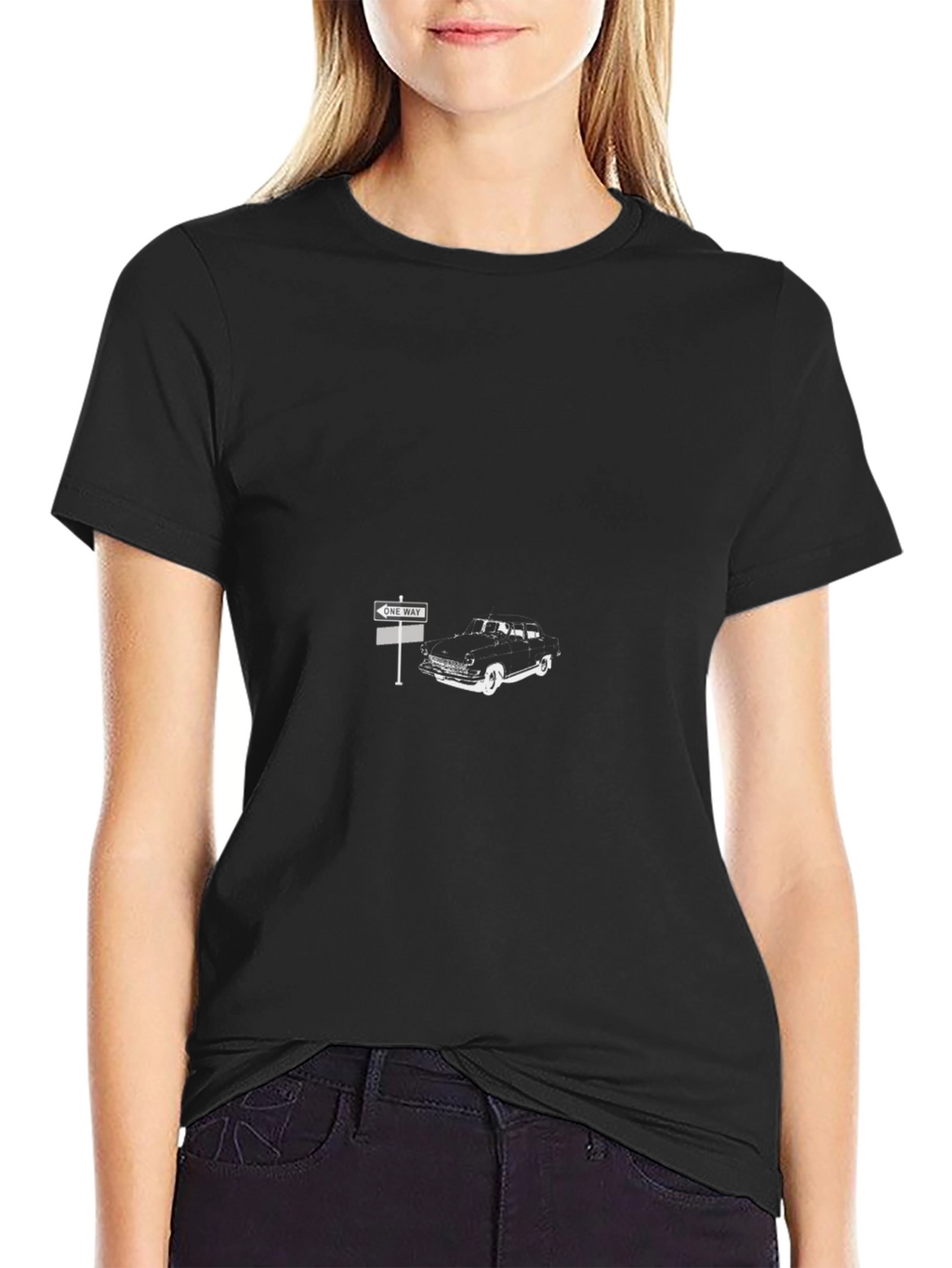 Classic Car & One Way Sign Black T-Shirt