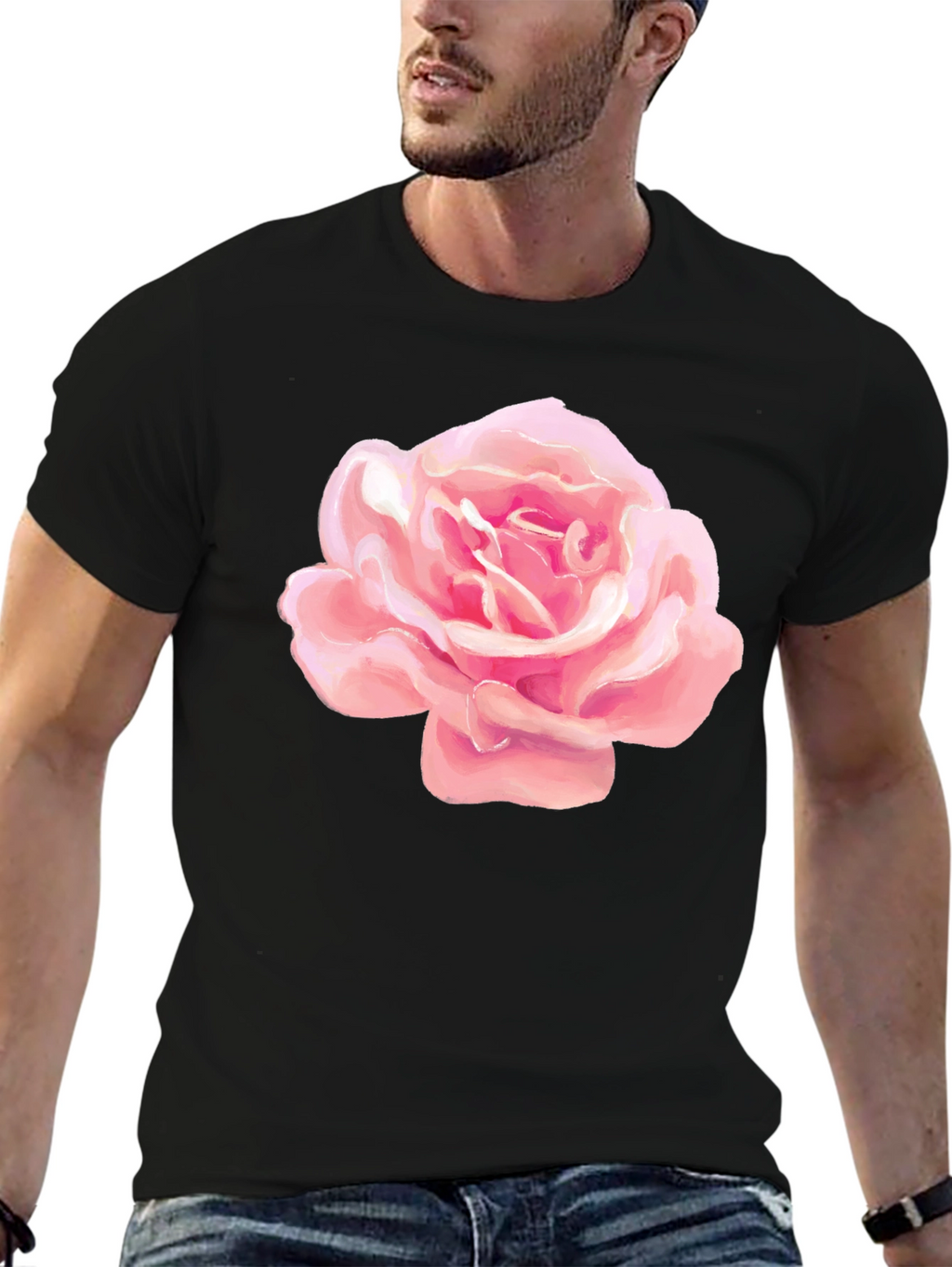 Pink Rose Graphic Black T-Shirt