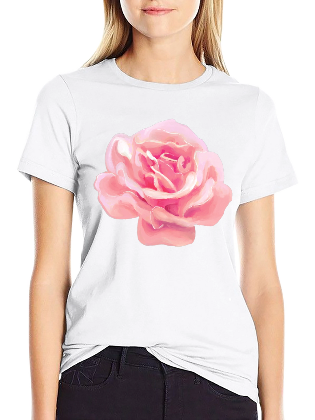 Pink Rose Graphic Black T-Shirt