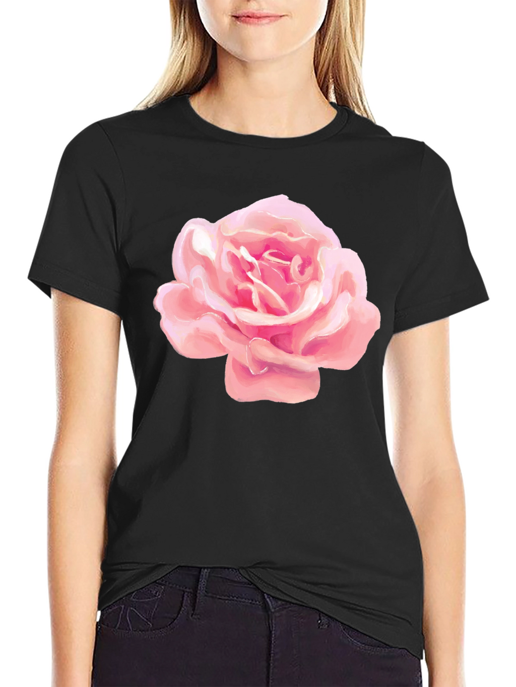 Pink Rose Graphic Black T-Shirt