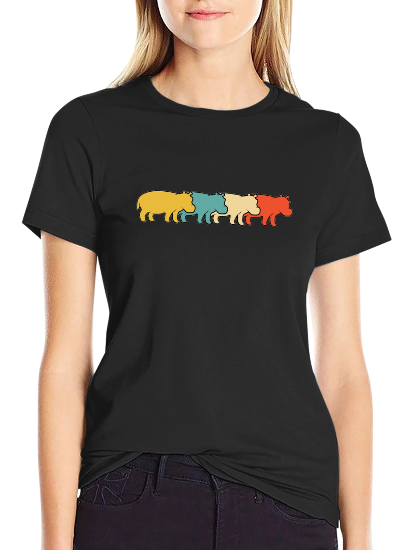 Retro Hippos Graphic Black T-Shirt