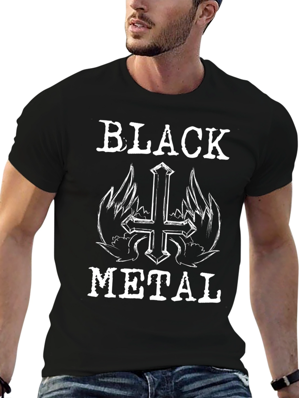 Black Metal T-Shirt - Winged Cross Design