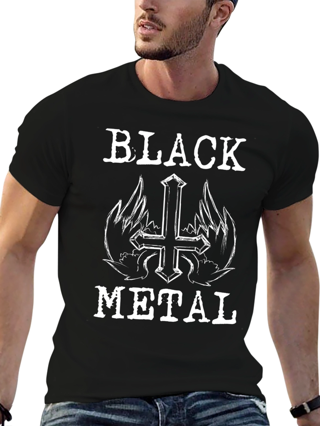 Black Metal T-Shirt - Winged Cross Design