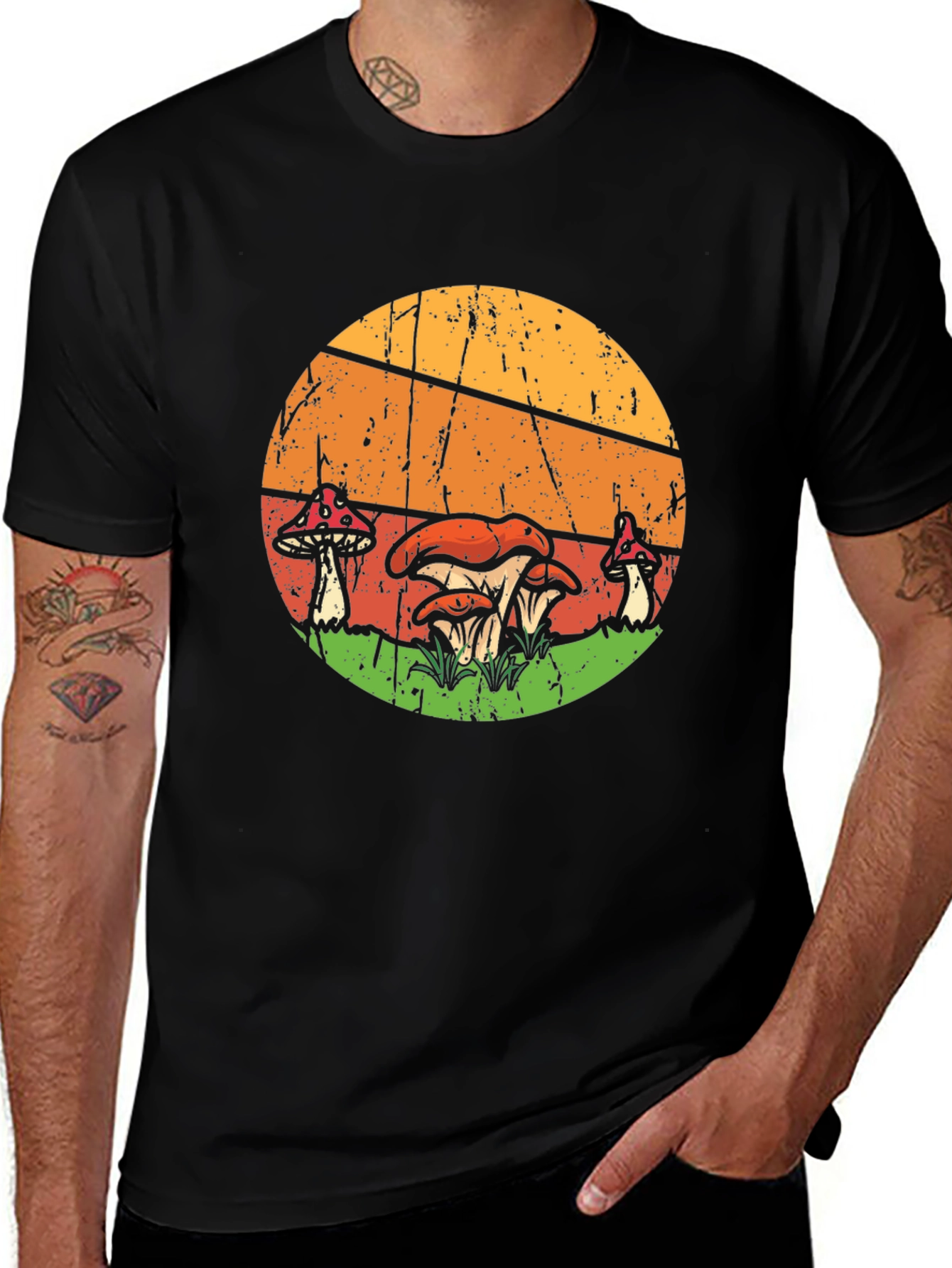 Retro Mushroom Graphic Tee - Black Cotton T-Shirt