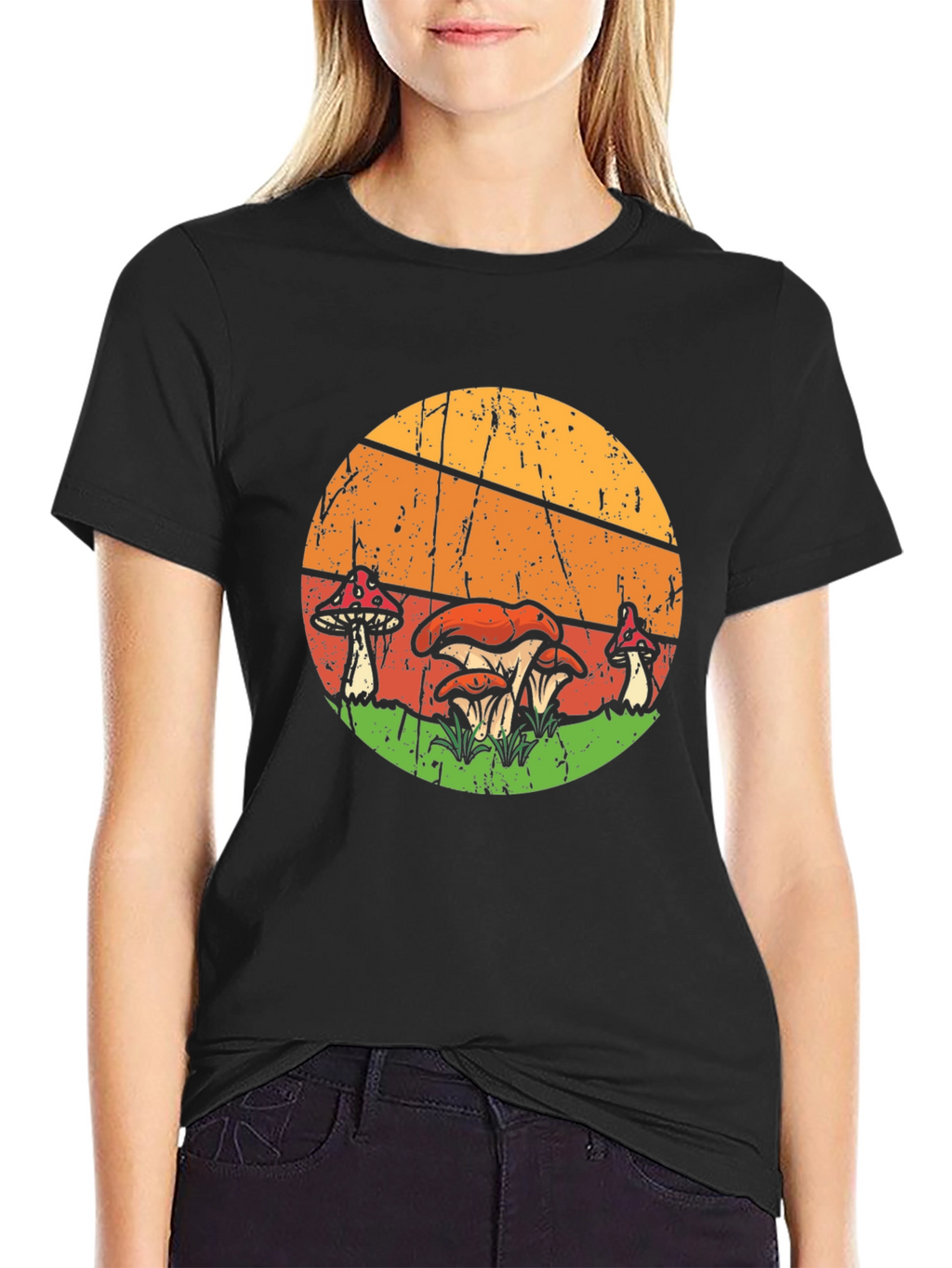 Retro Mushroom Graphic Tee - Black Cotton T-Shirt