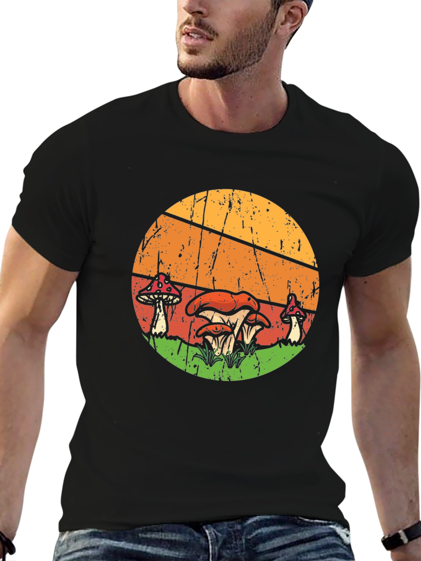 Retro Mushroom Graphic Tee - Black Cotton T-Shirt