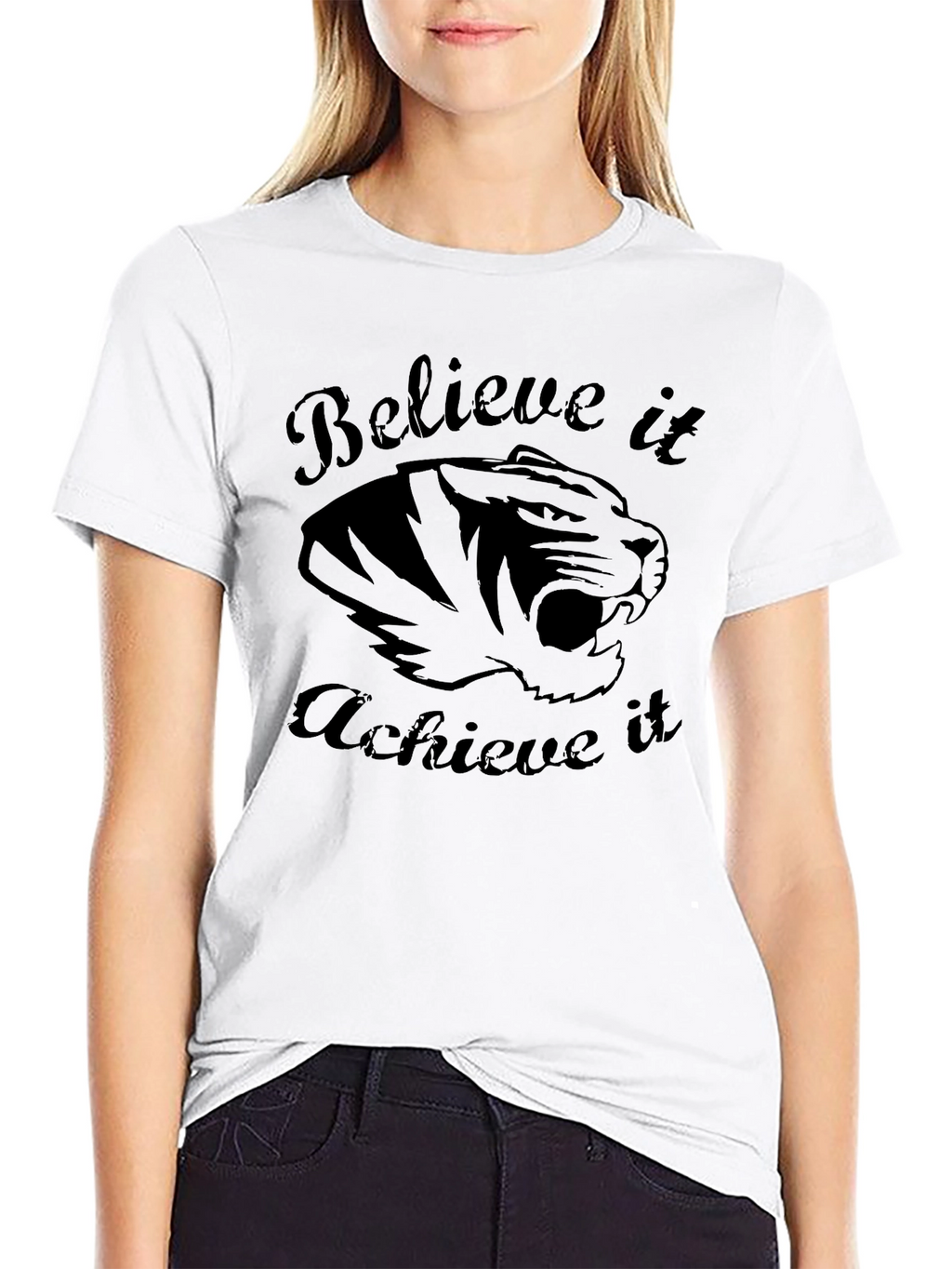 Believe Achieve Tiger Graphic Black T-Shirt