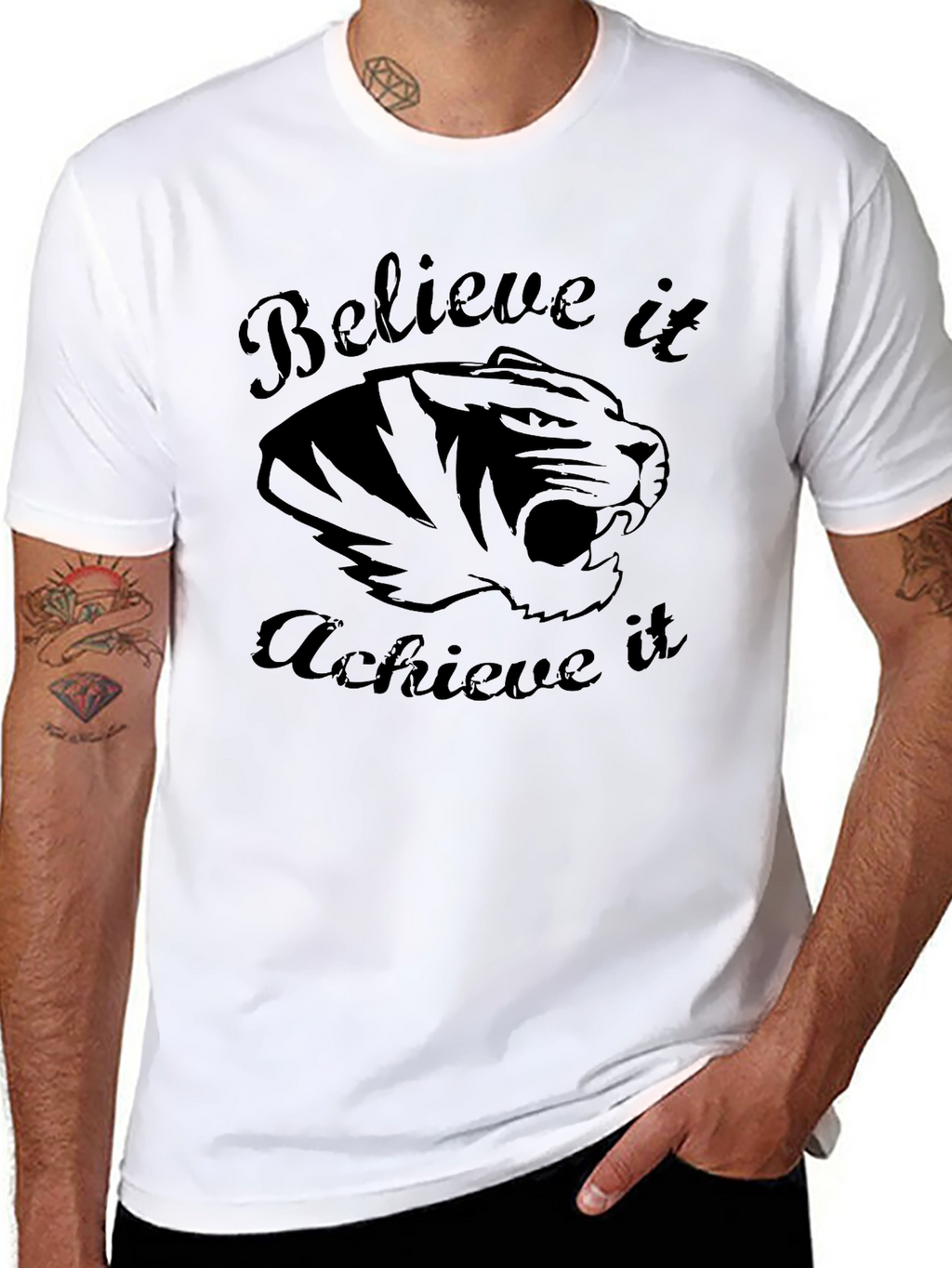 Believe Achieve Tiger Graphic Black T-Shirt