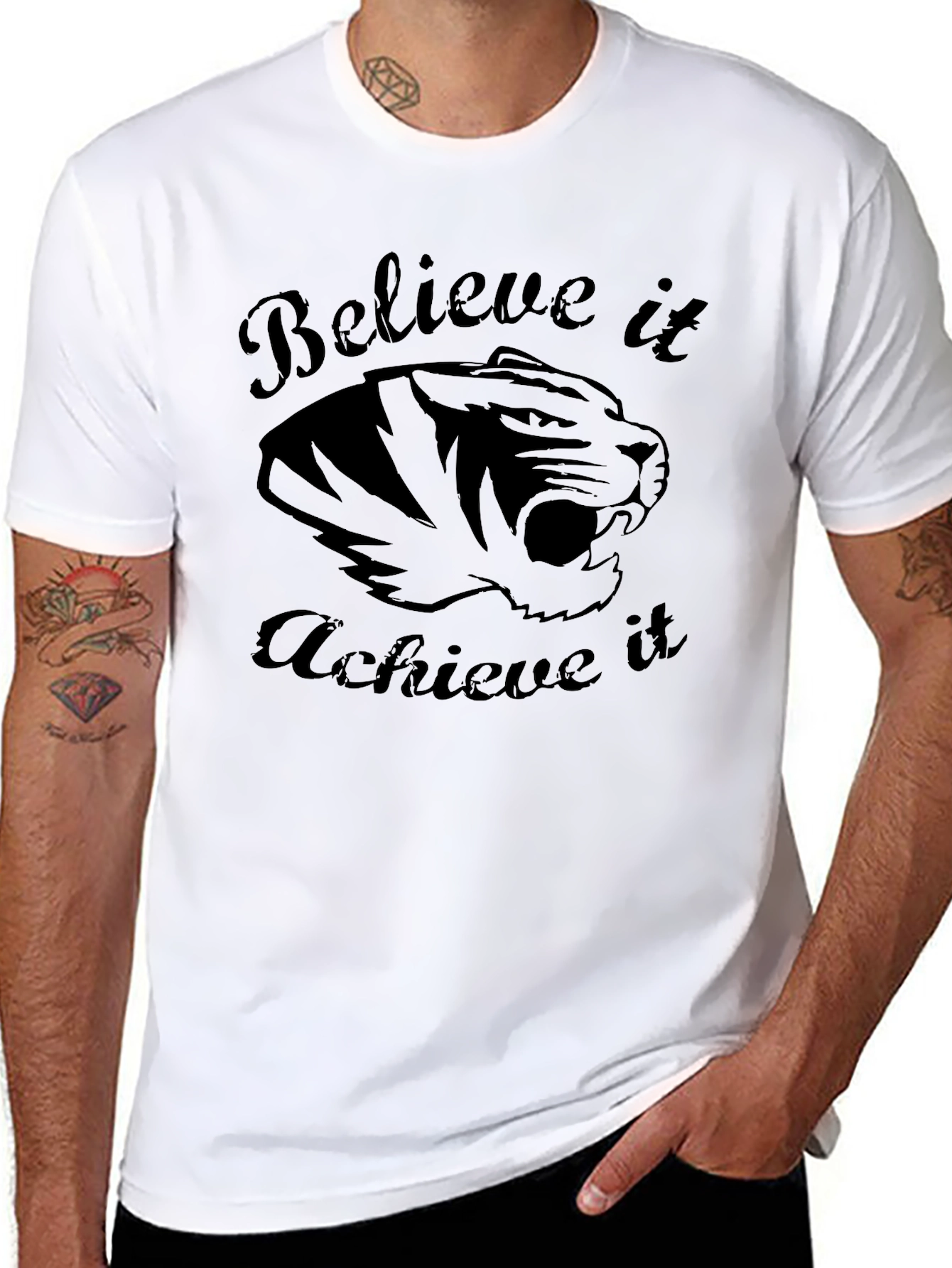 Believe Achieve Tiger Graphic Black T-Shirt