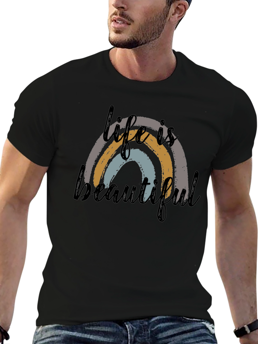 Life is Beautiful Rainbow Graphic Tee - Black