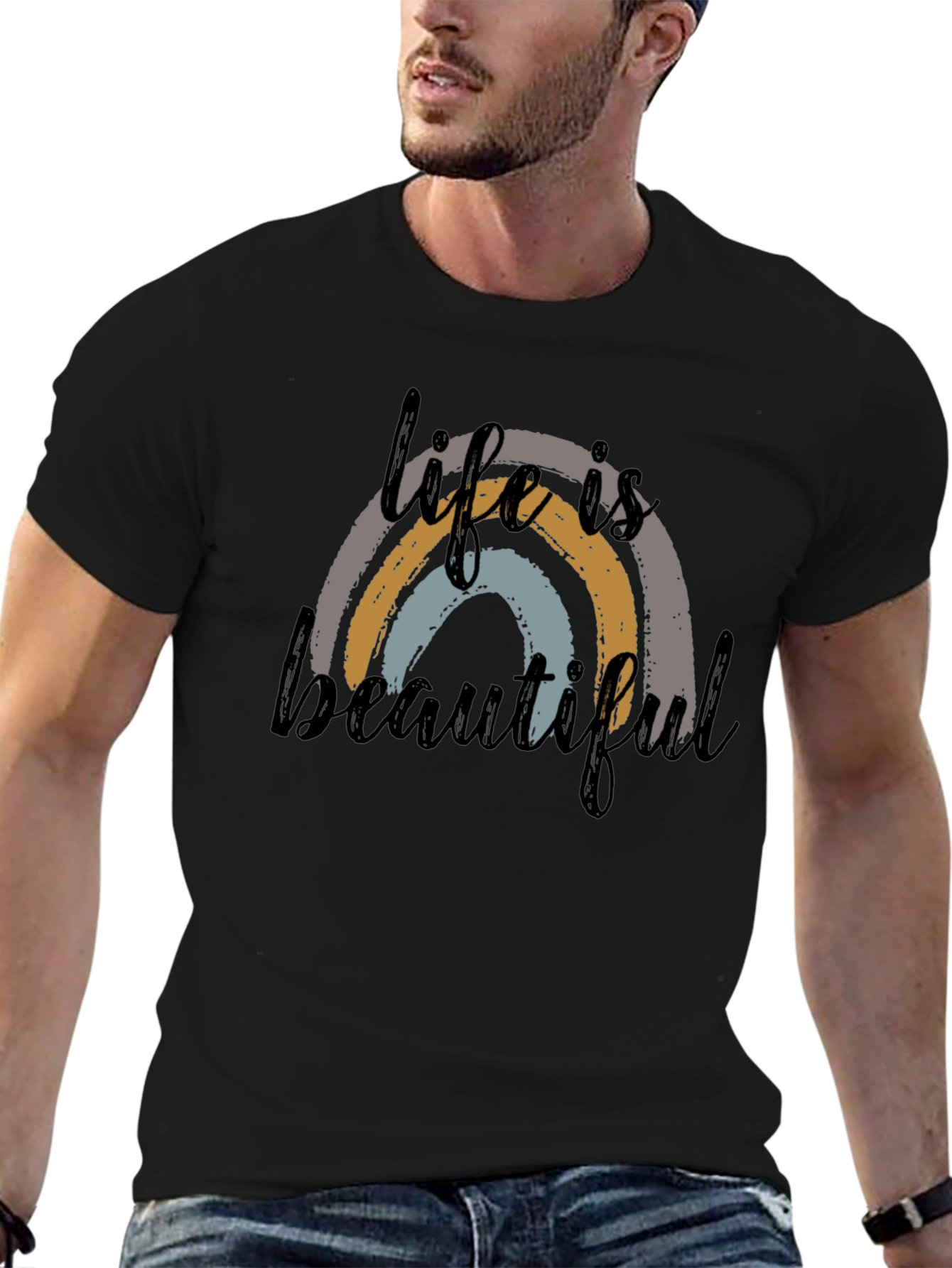 Life is Beautiful Rainbow Graphic Tee - Black