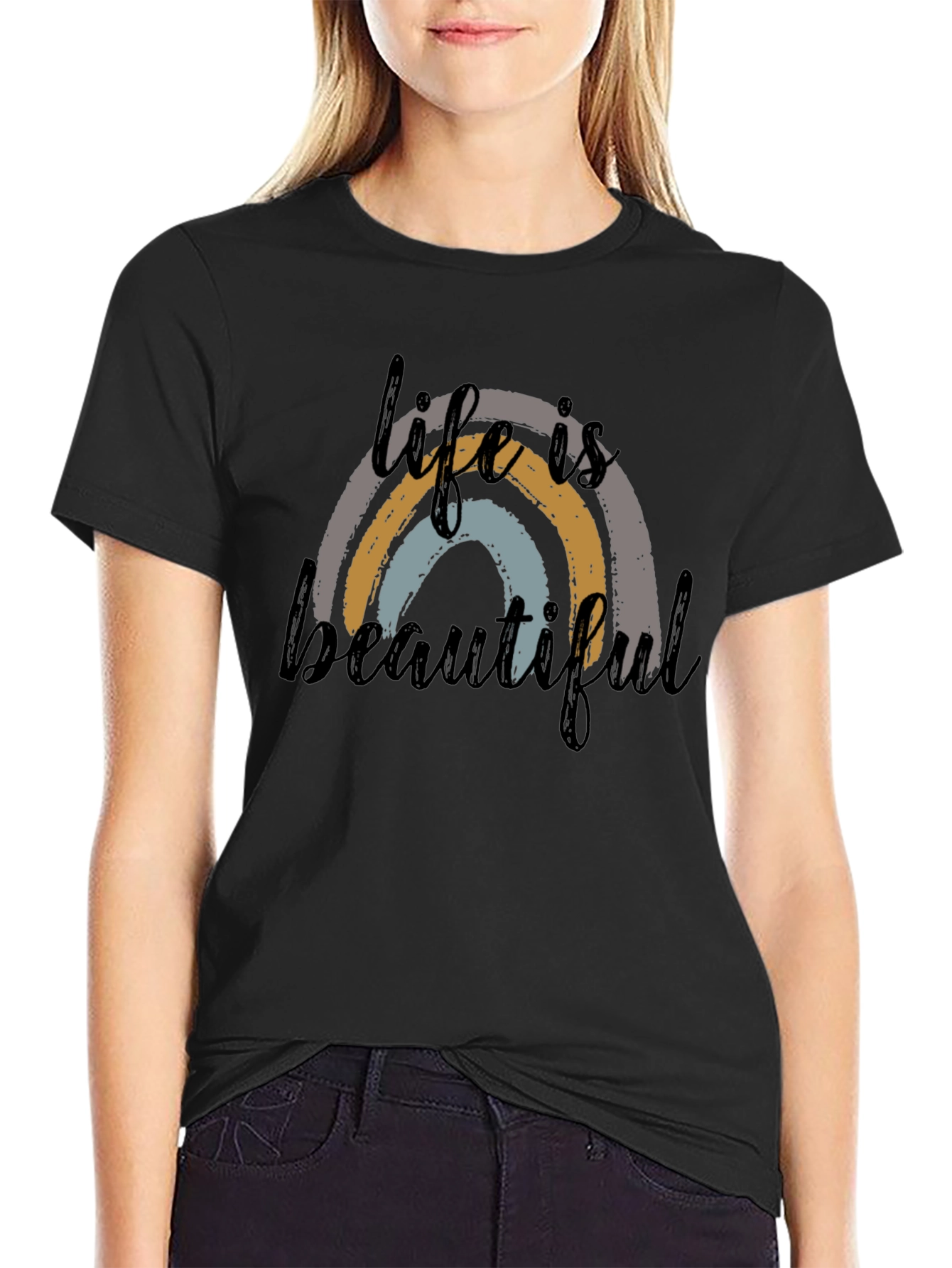 Life is Beautiful Rainbow Graphic Tee - Black