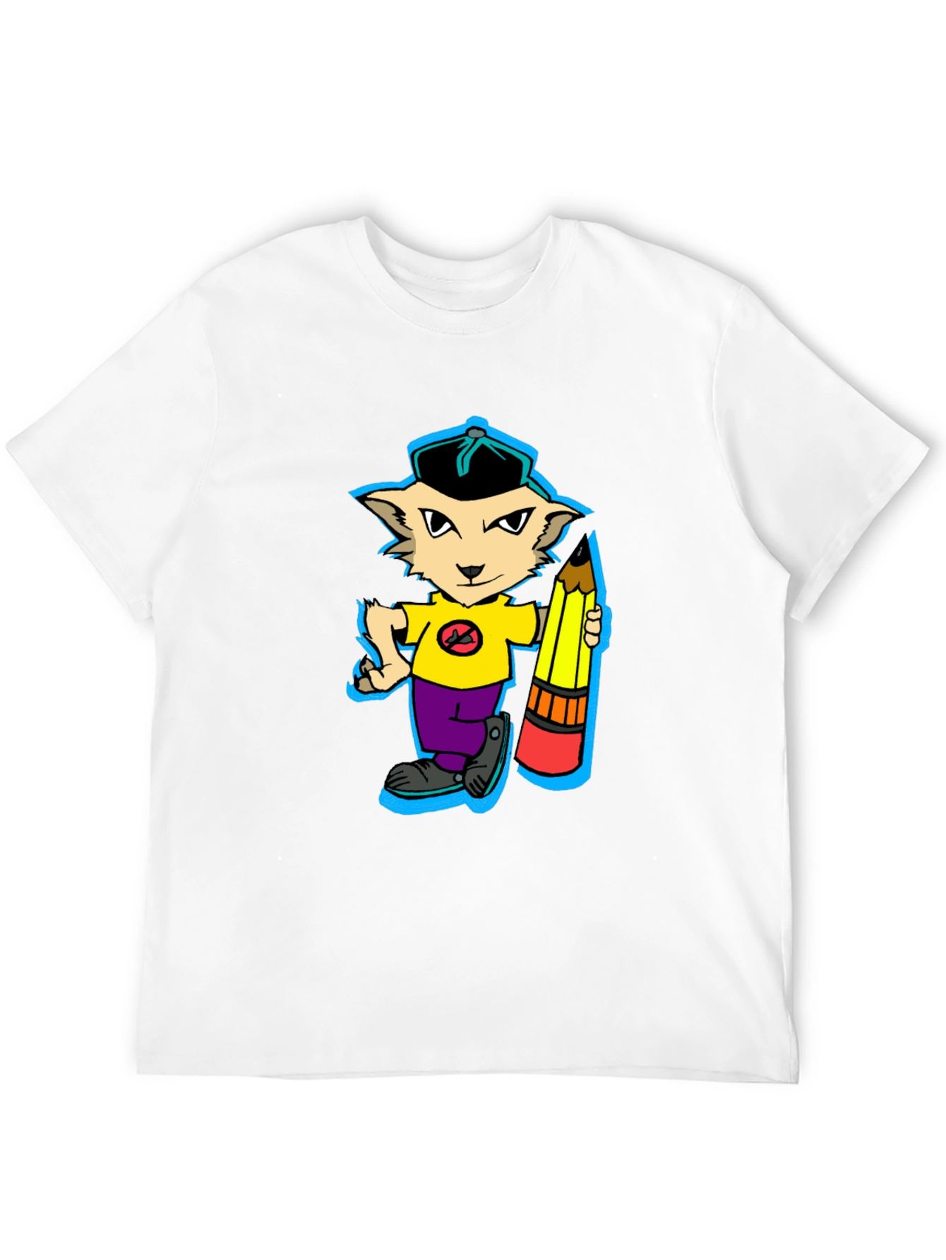 Cartoon Cat with Pencil Graphic T-Shirt