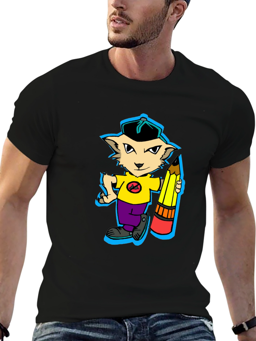 Cartoon Cat with Pencil Graphic T-Shirt