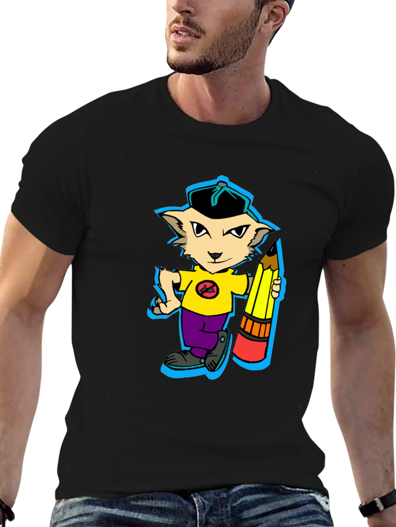 Cartoon Cat with Pencil Graphic T-Shirt