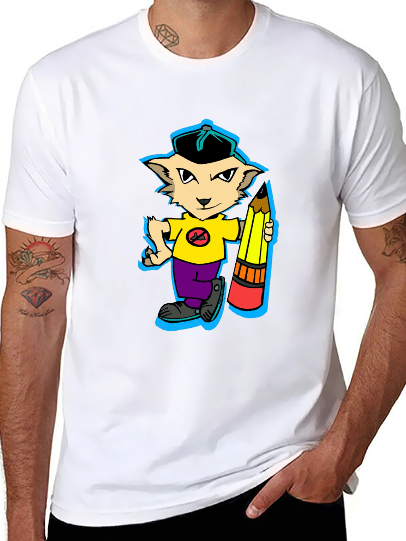 Cartoon Cat with Pencil Graphic T-Shirt