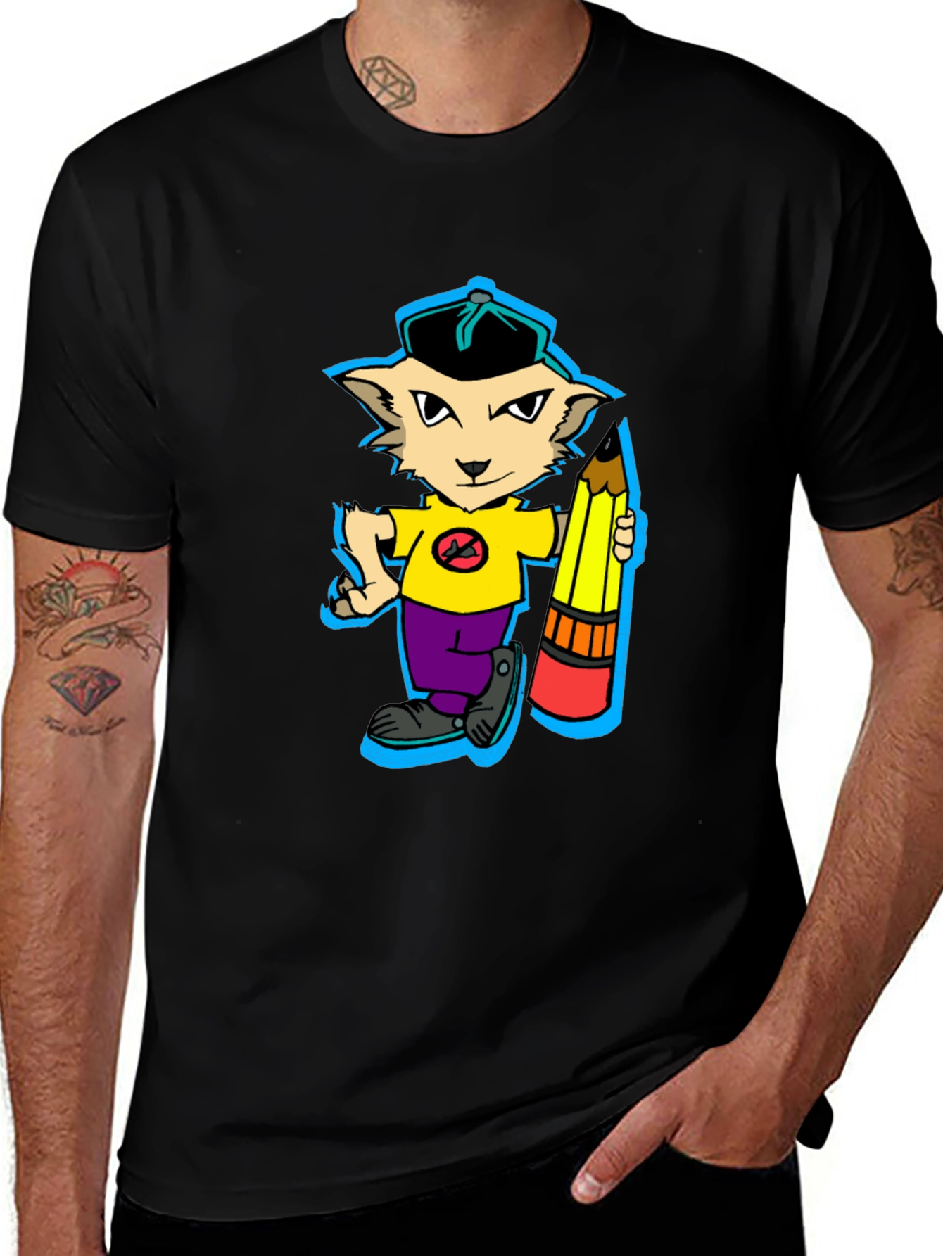 Cartoon Cat with Pencil Graphic T-Shirt
