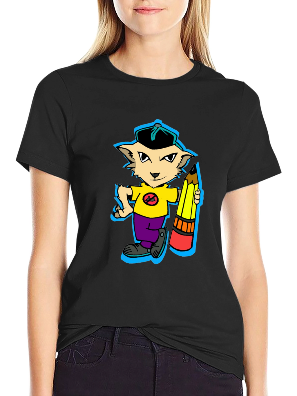 Cartoon Cat with Pencil Graphic T-Shirt