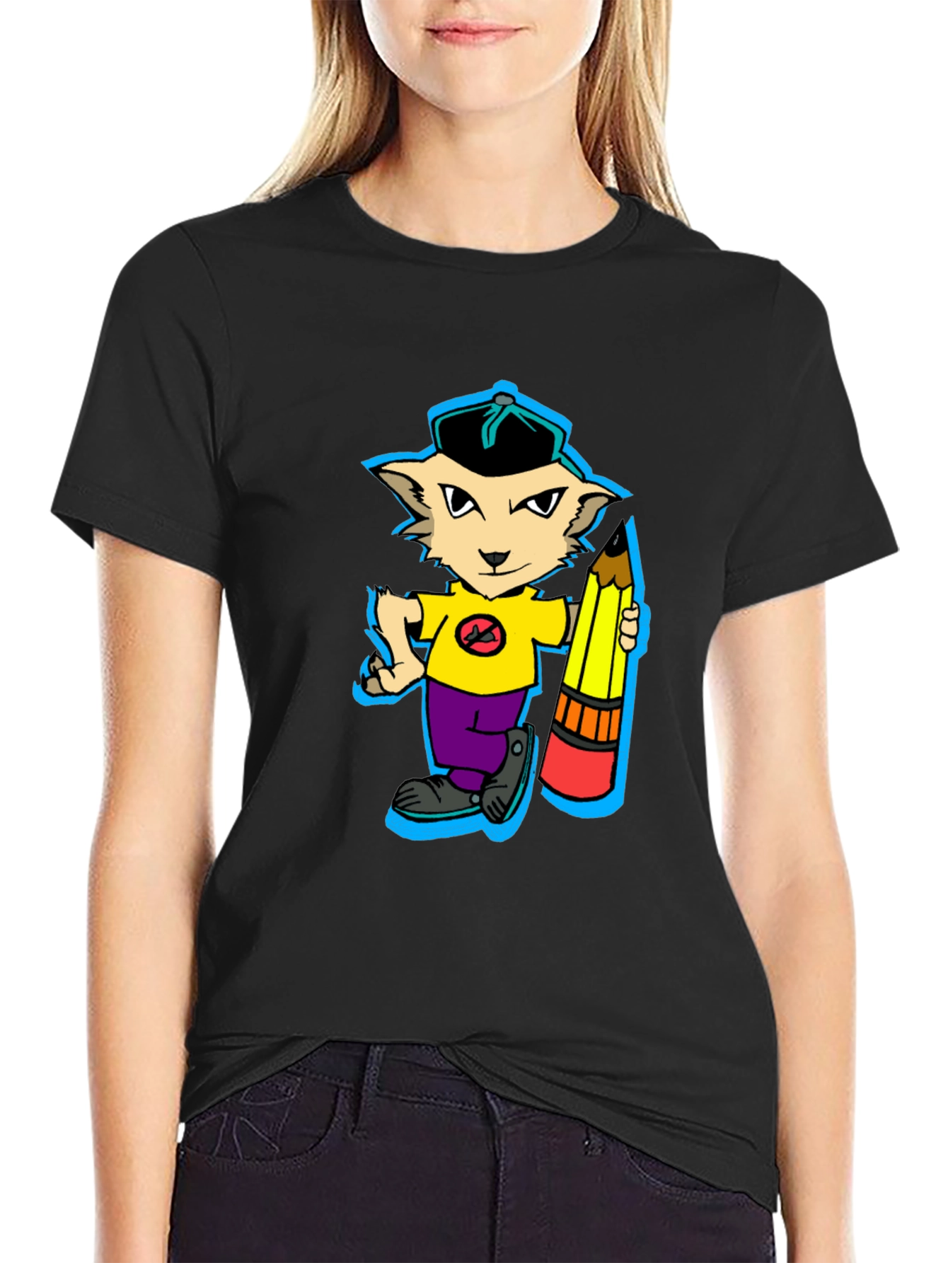 Cartoon Cat with Pencil Graphic T-Shirt