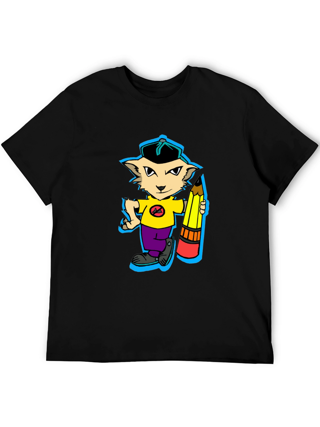 Cartoon Cat with Pencil Graphic T-Shirt
