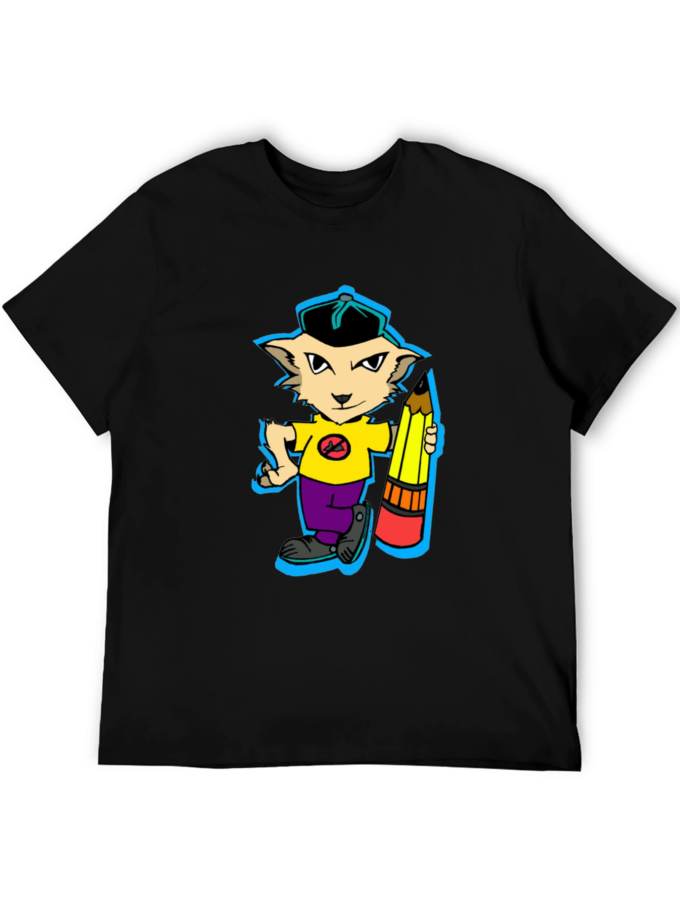 Cartoon Cat with Pencil Graphic T-Shirt