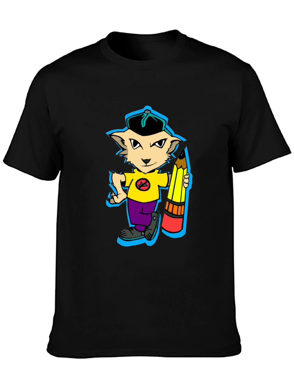Cartoon Cat with Pencil Graphic T-Shirt