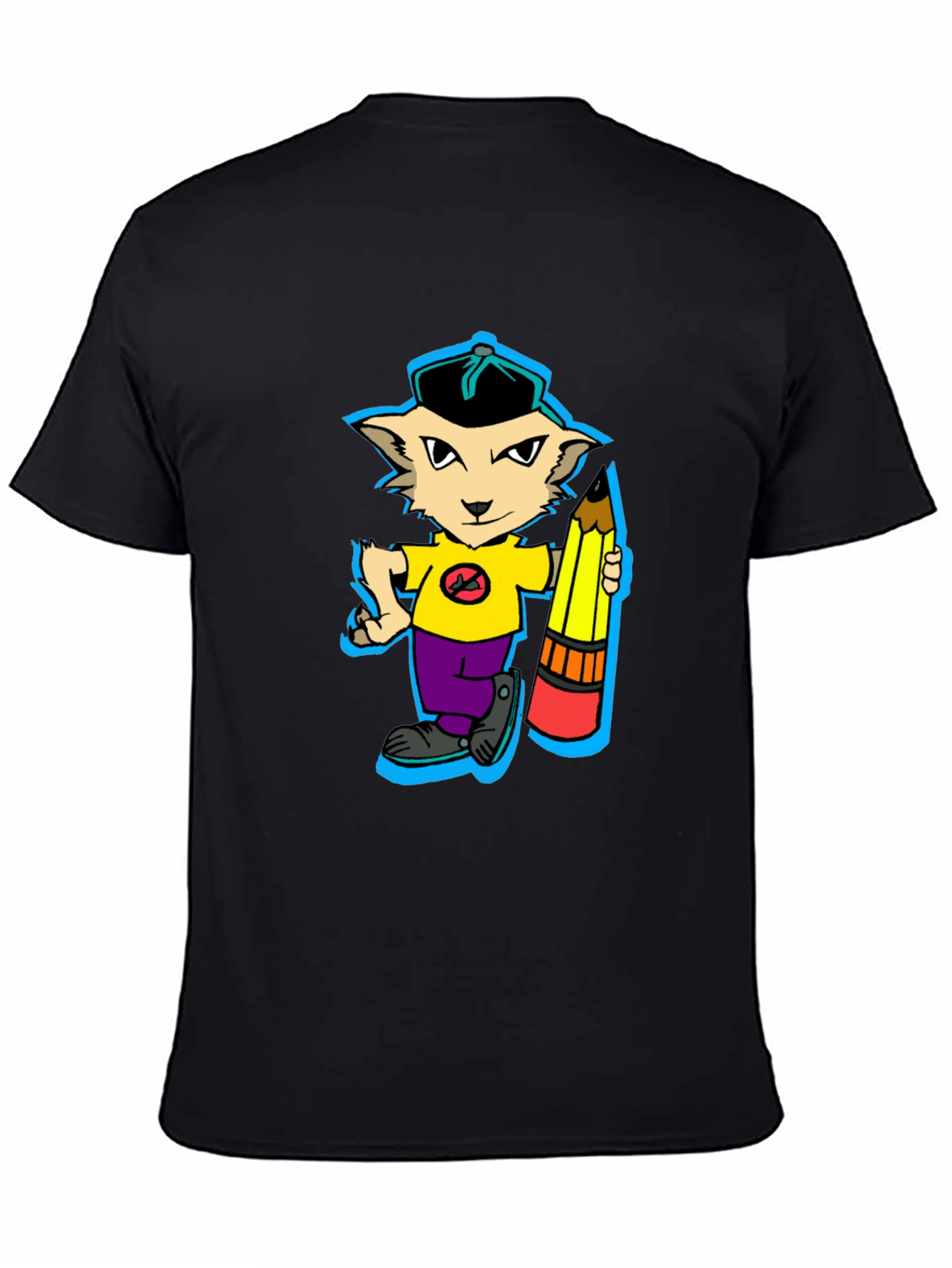 Cartoon Cat with Pencil Graphic T-Shirt