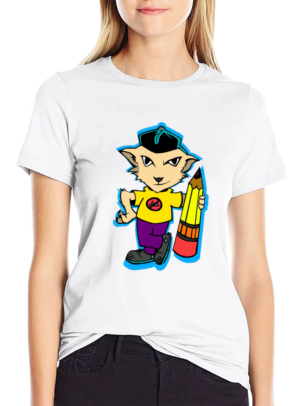 Cartoon Cat with Pencil Graphic T-Shirt