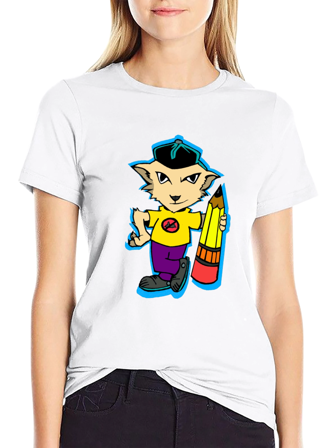Cartoon Cat with Pencil Graphic T-Shirt