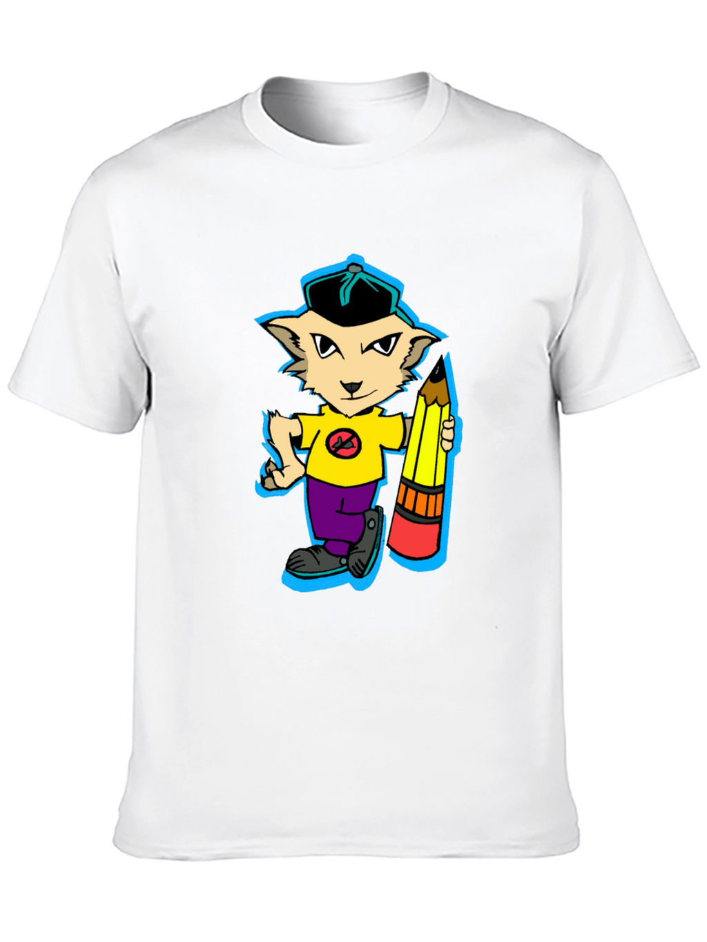 Cartoon Cat with Pencil Graphic T-Shirt
