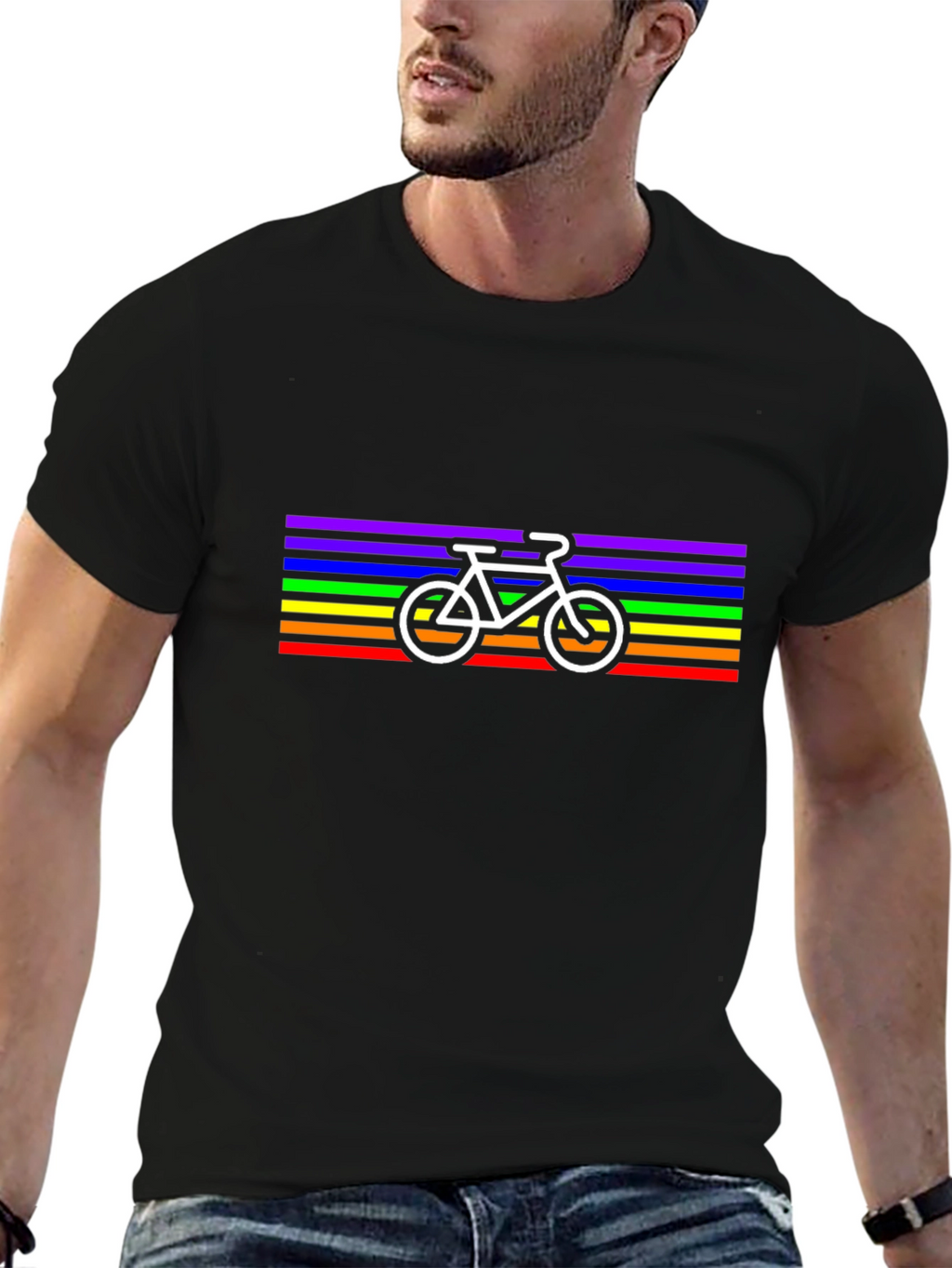 Rainbow Stripe Bicycle Graphic Tee - Black