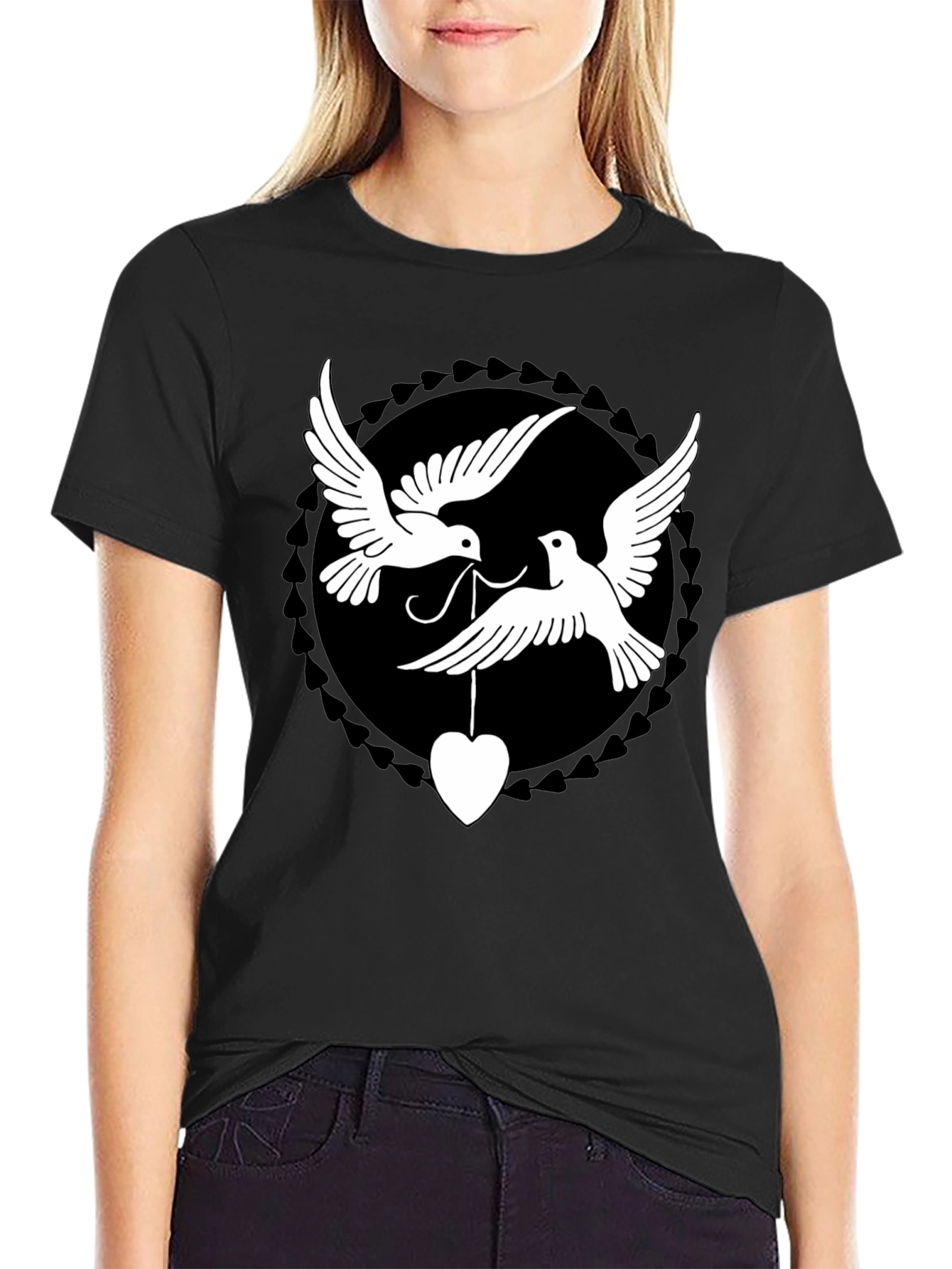Dove Heart Graphic Tee - Black Cotton Blend Shirt