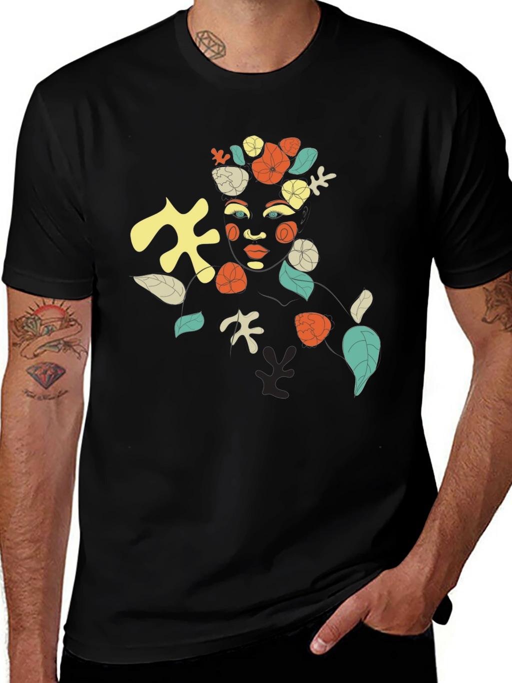 Abstract Floral Face Graphic Black T-Shirt