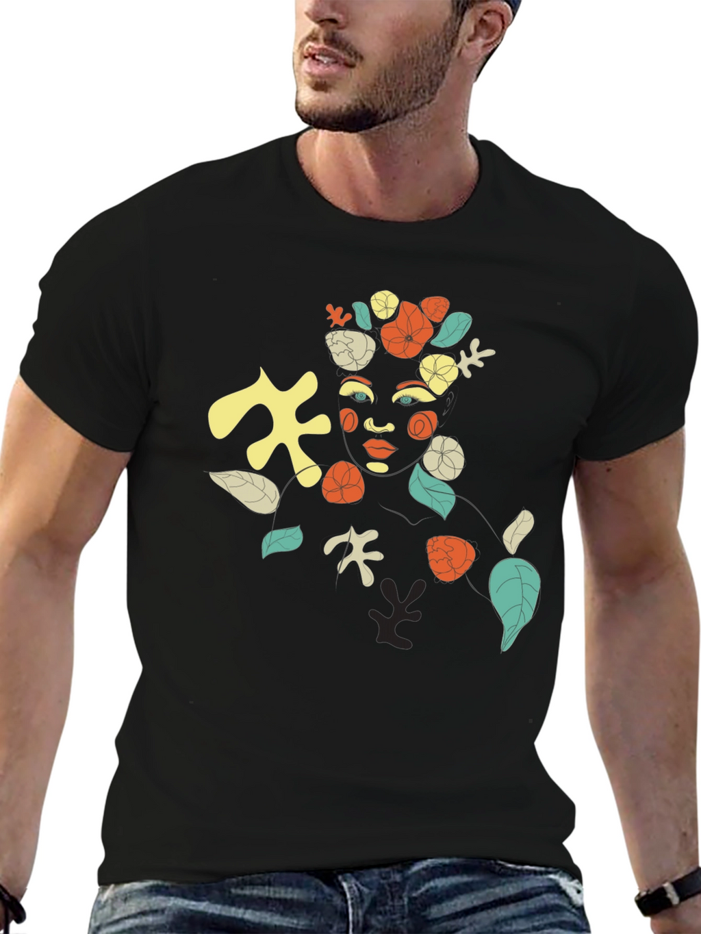 Abstract Floral Face Graphic Black T-Shirt