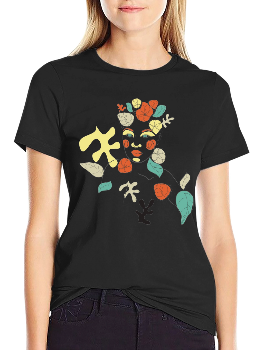 Abstract Floral Face Graphic Black T-Shirt