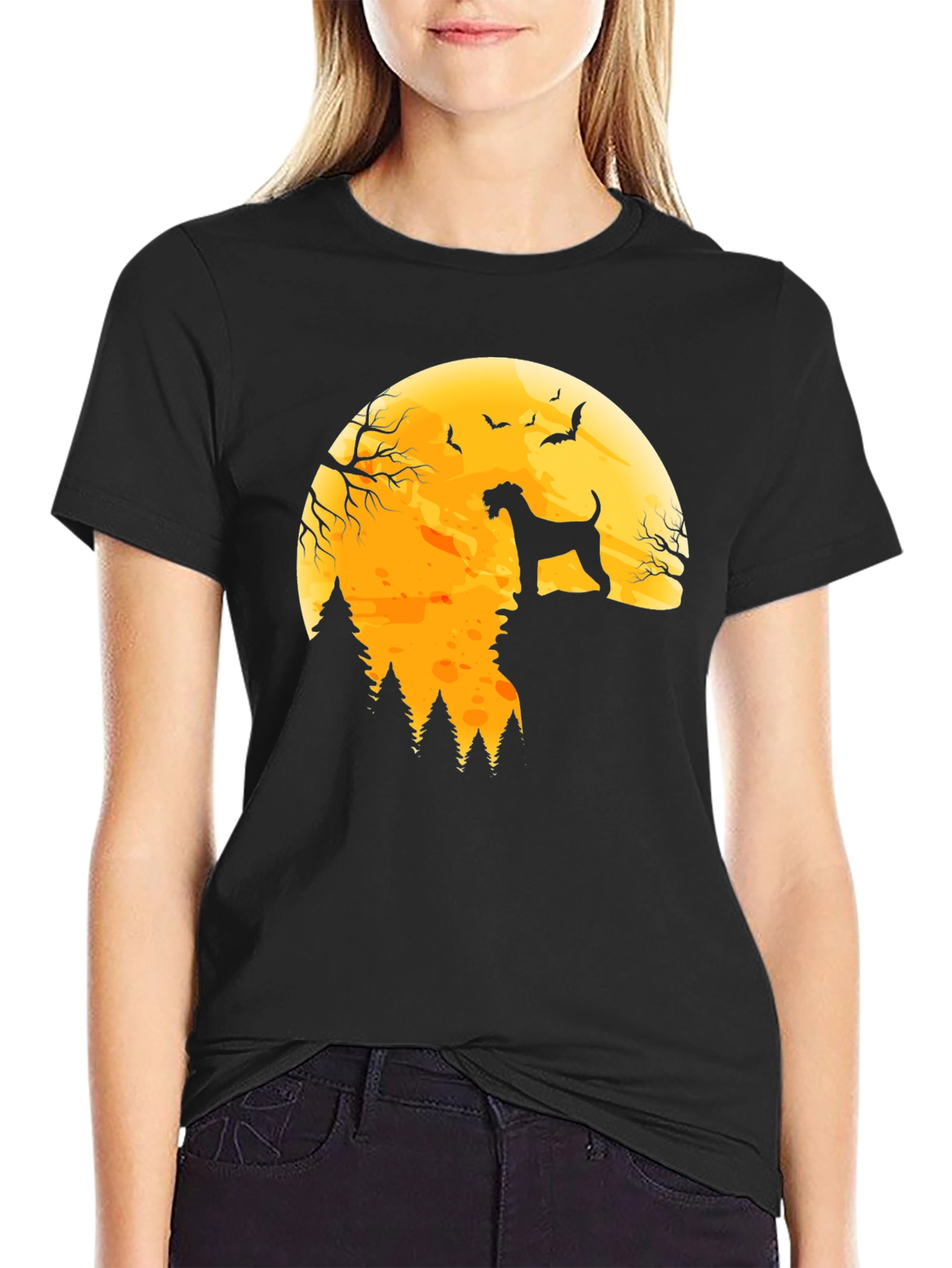Halloween Dog Silhouette Graphic Tee - Moonlit Horror
