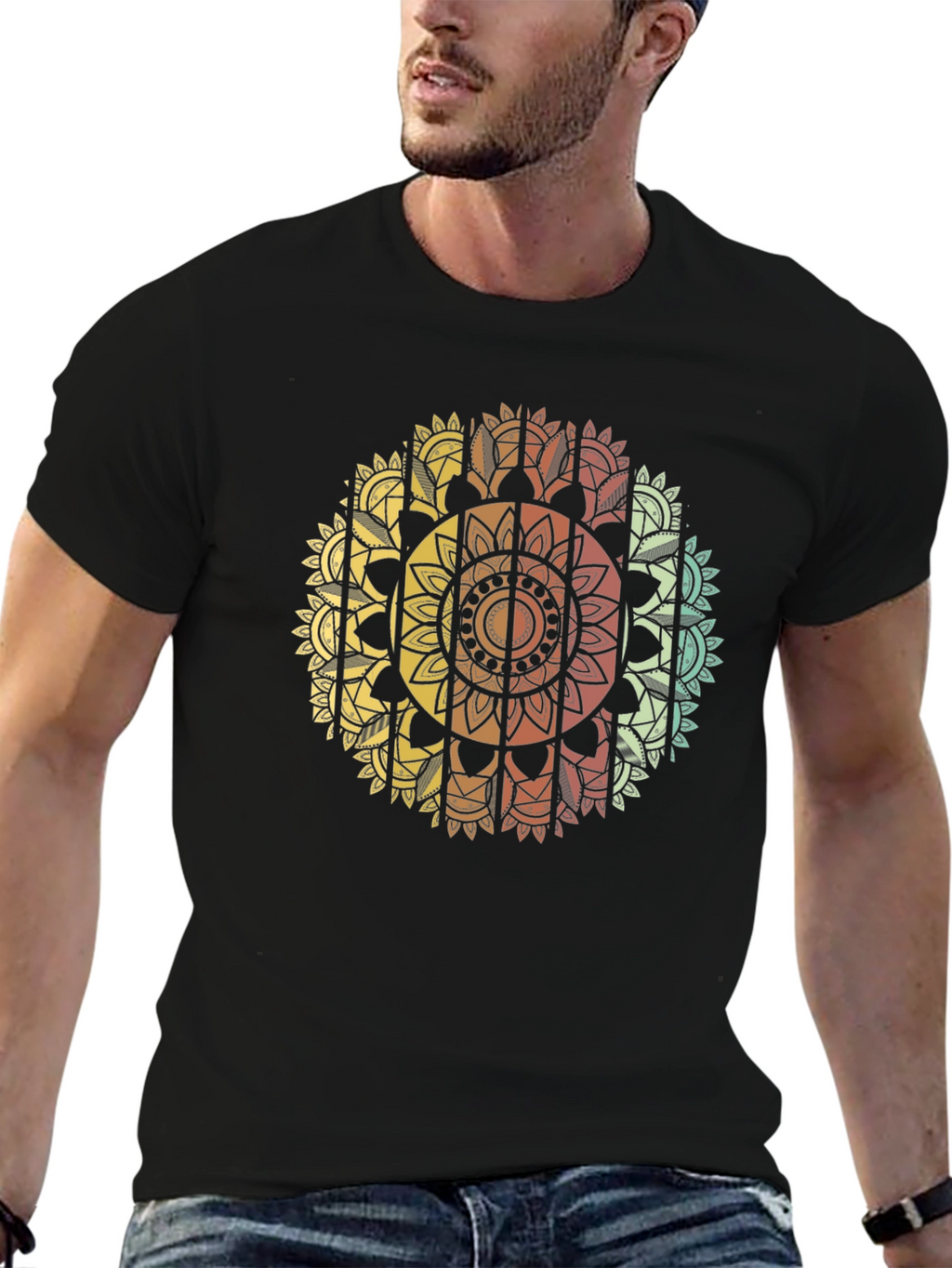 Mandala Print Mens Black T-Shirt